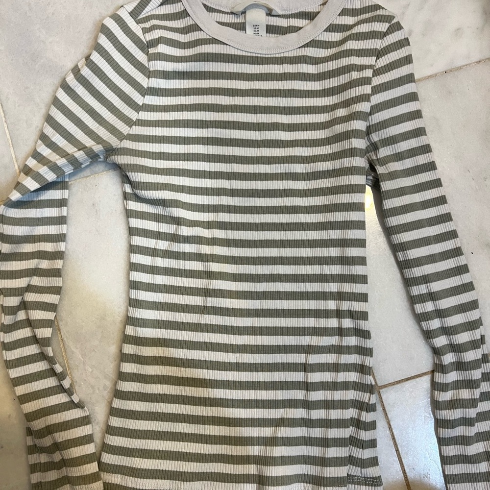 H&M Green & White Striped Ribbed Long Sleeve Top